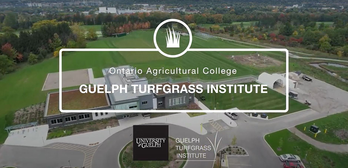 An aerial shot of the GTI with text, "Guelph Turfgrass Institute" 