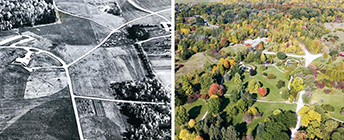 A black and white image of bare fields compared with a colour photo of green forests.