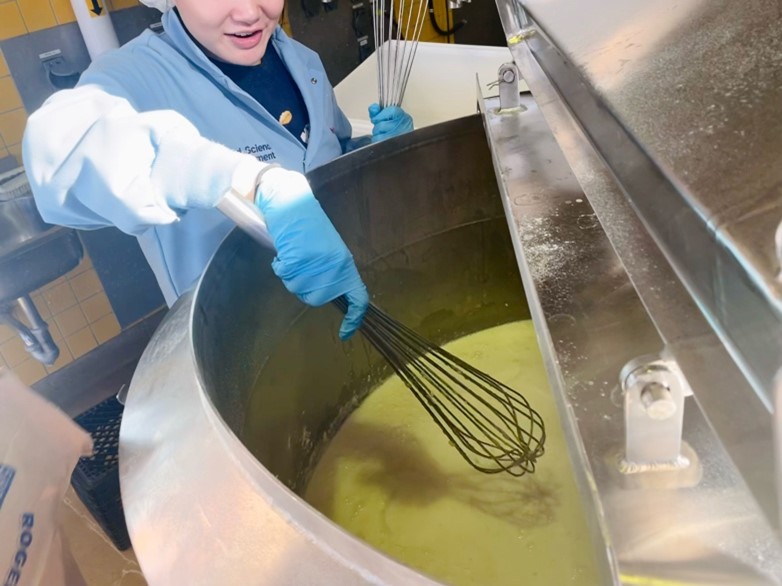 A student in a lab coat whisking a large vat of milk.