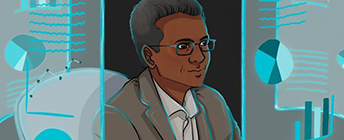 Illustration of Bishnu looking at large screens with data and charts.