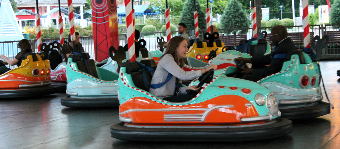 Elsie drives a bumper car.