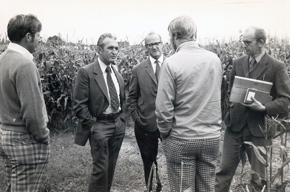 Group of men in suits chat in front of a corn field