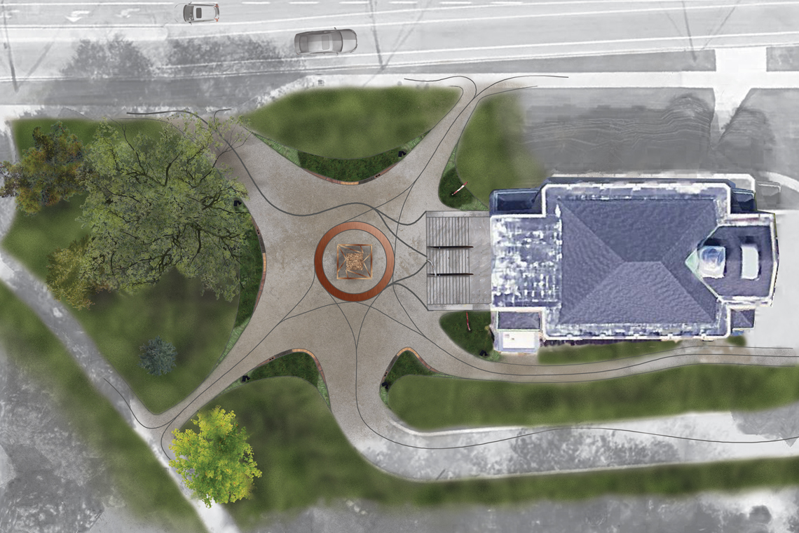 Rendered design of a bird's-eye view of War Memorial Hall.
