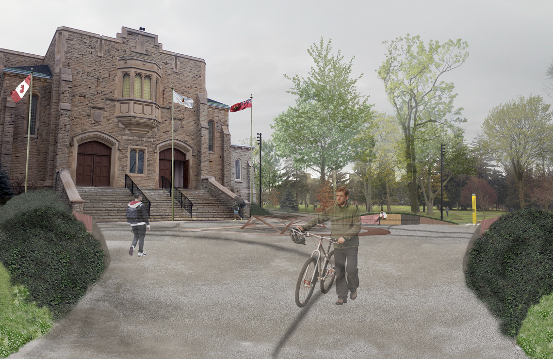 Rendered drawing of students walking, holding bikes infront of War Memorial Hall.
