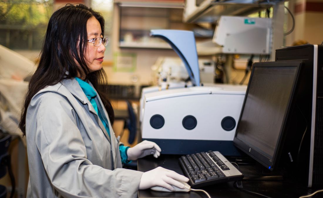 Wei Cao wears lab coat and gloves at computer in a lab