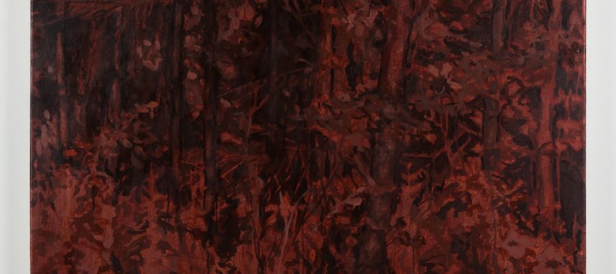 Painting of a mysterious forest interior in black and earthen tones.