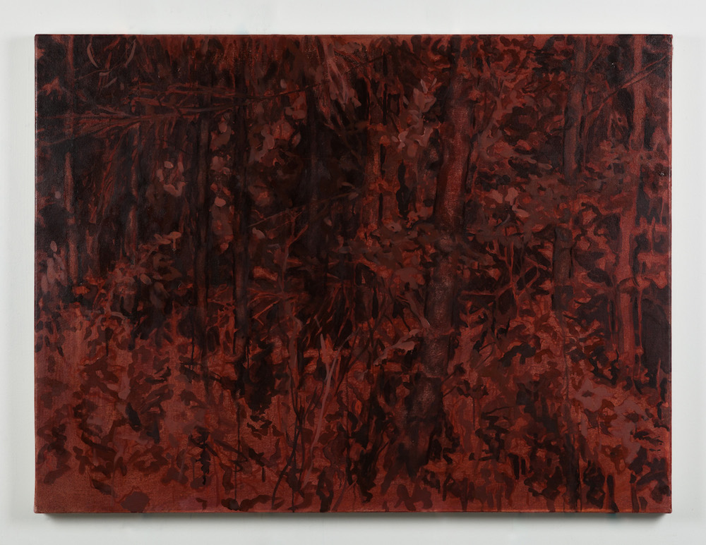 Painting of a mysterious forest interior in black and earthen tones.