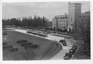 View from above of military assembly in front of Johnston Hall.