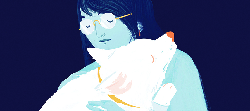 illustration of veterinarian hugging a dog