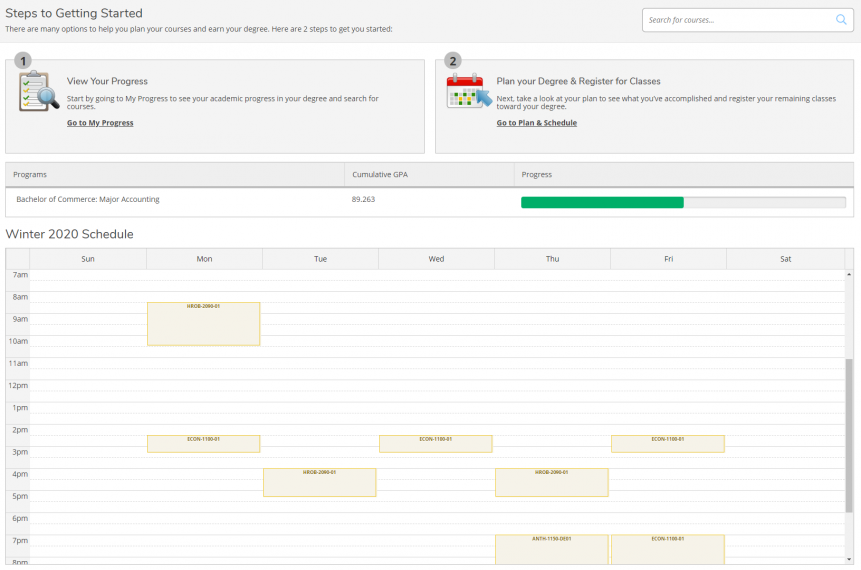 Screenshot of the Student Planning module, showing the two steps involved (View Your Progress and Plan your Degree & Register for Classes), the student's program, GPA and schedule.