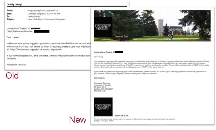 An example of the old Colleague emails in plain text and an example of the new Colleague emails, which have an image at the top, University of Guelph branding, and other improvements.