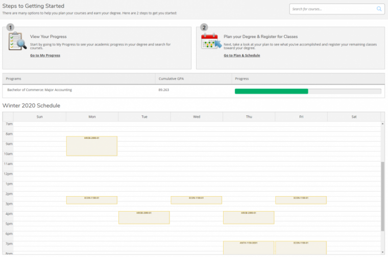 Screenshot of the Student Planning module, showing the two steps involved (View Your Progress and Plan your Degree & Register for Classes), the student's program, GPA and schedule.
