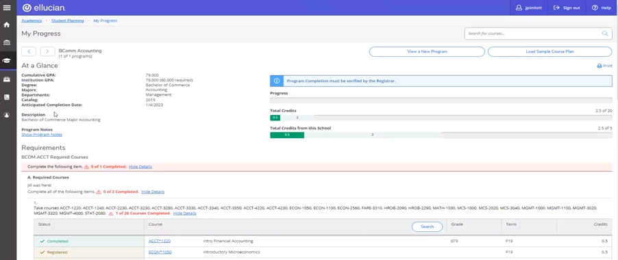 Screenshot of the Student Planning "My Progress" screen