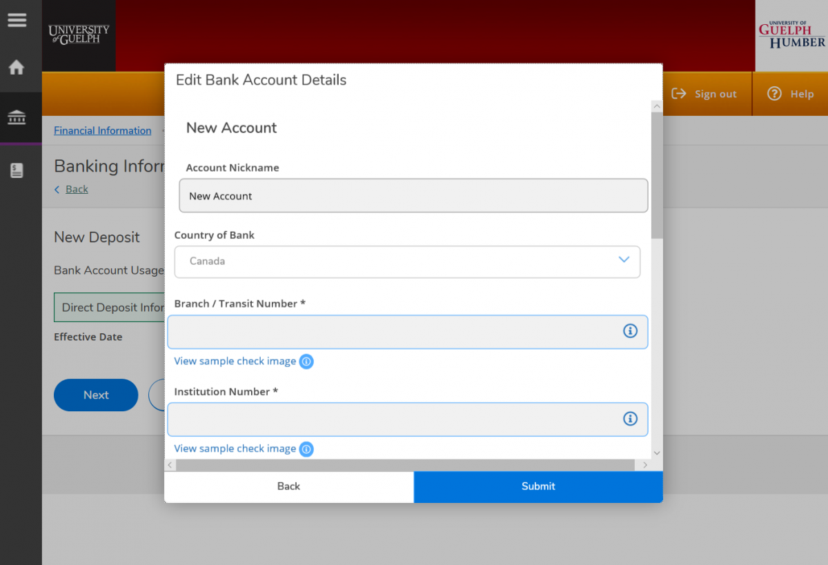 Screenshot of the Banking Information Form on WebAdvisor