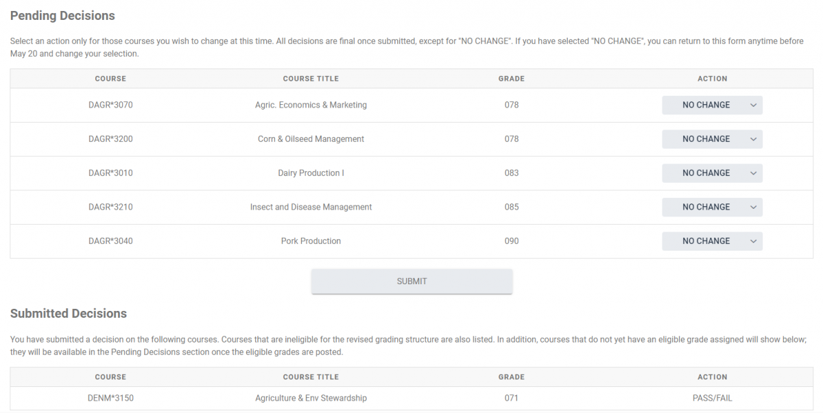 Screenshot of the Winter 2020 Final Grading Options form on WebAdvisor