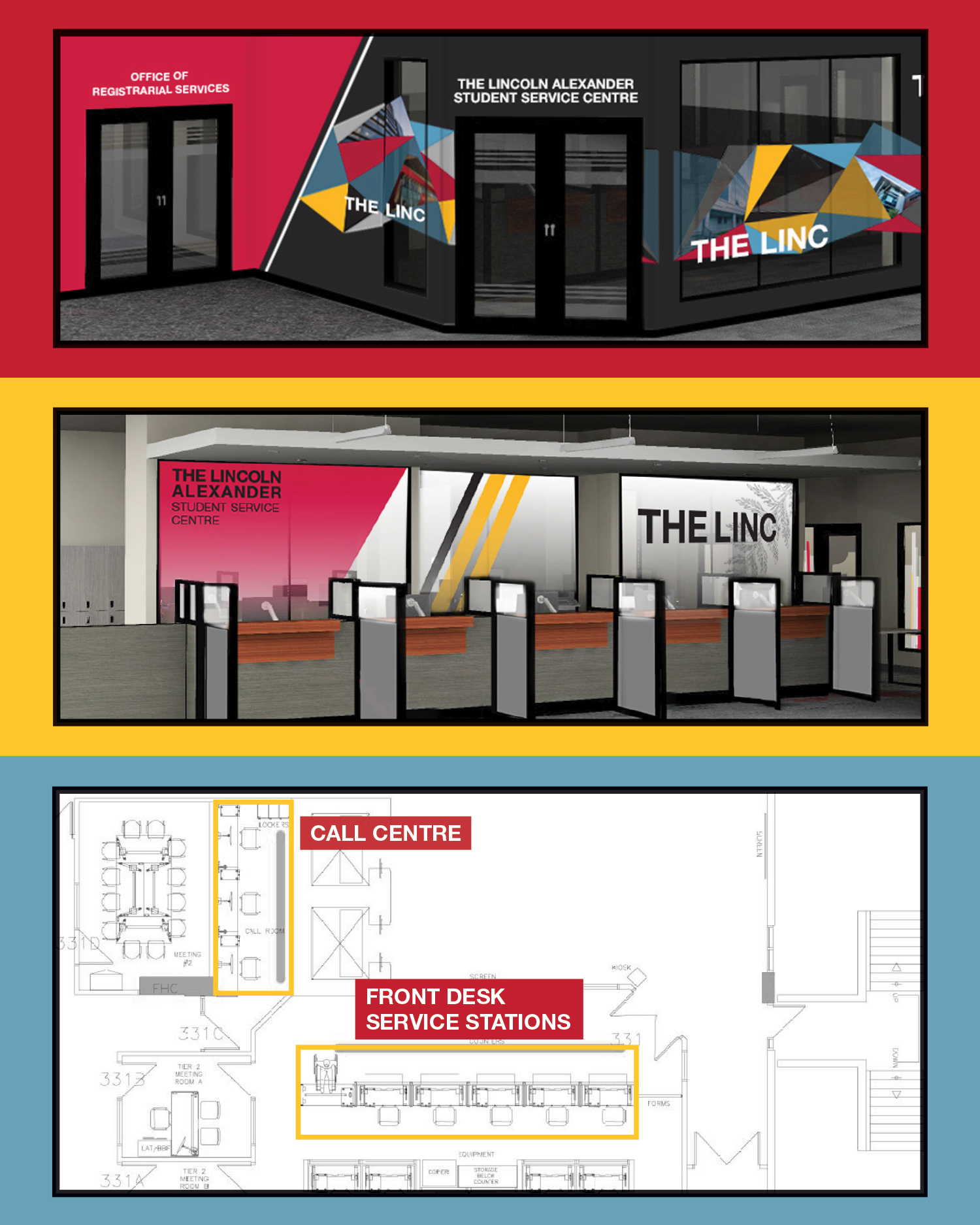 Design renderings and floorplan of the new One-Stop Student Service Centre