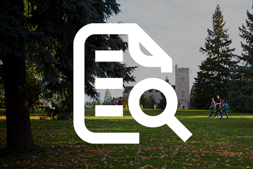 People walking through Johnston Green with an icon of a clipboard and magnifying glass