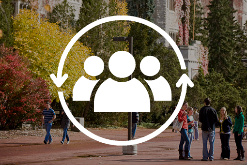 Photo of people talking in front of Johnston Hall with an icon of three figures in a circle