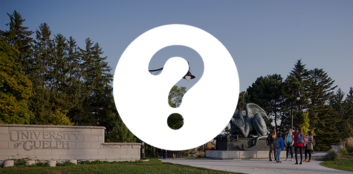 People talking in front of the Gryphon statue with an icon of a question mark