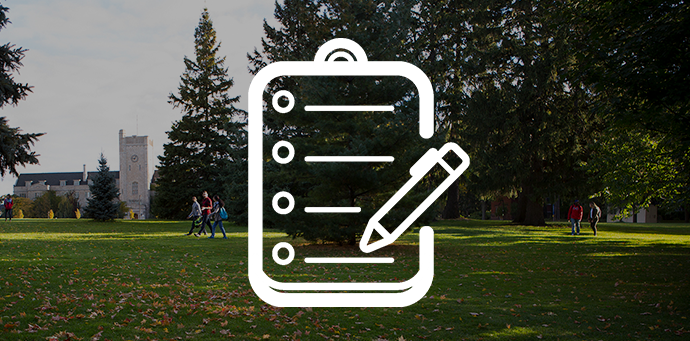 People walking through Johnston Green with an icon of a clipboard and list