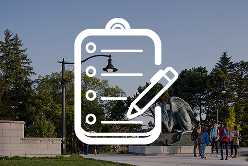 People talking in front of the Gryphon statue with an icon of a clipboard and list