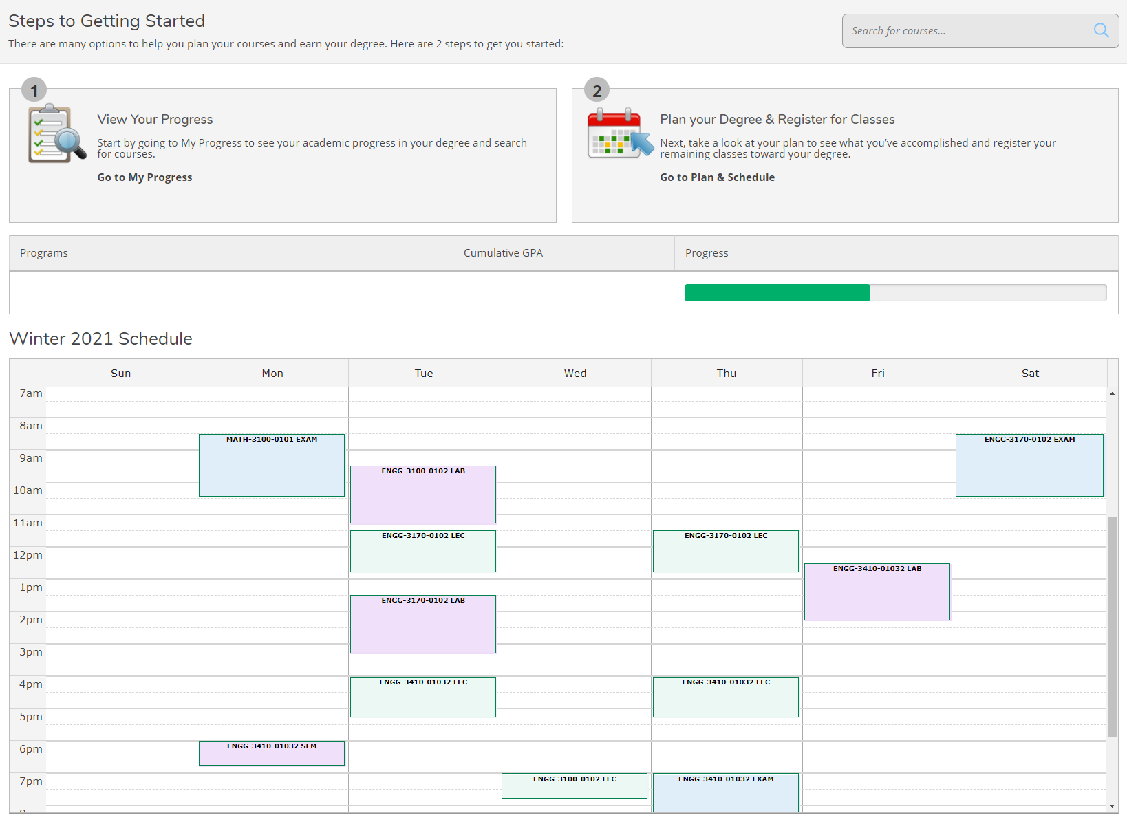 Screenshot of the Student Planning module, showing the two steps involved (View Your Progress and Plan your Degree & Register for Classes), the student's program, GPA and schedule.