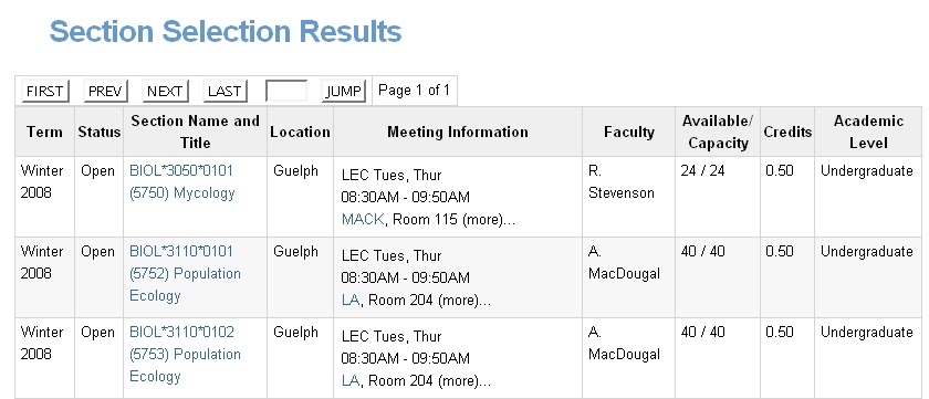 Section search results that fit the criteria specified.