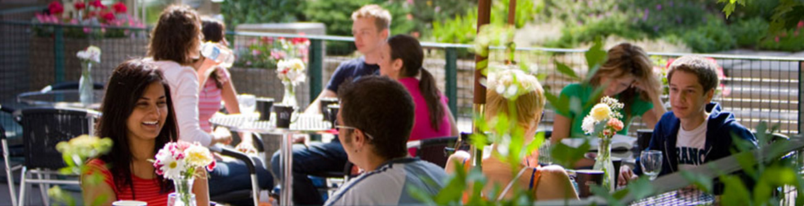 People eating on a patio, at the University of Guelph campus