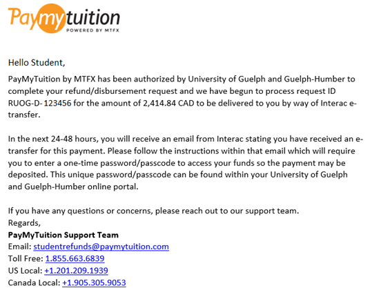 Screenshot of the refund confirmation email from PayMyTuition