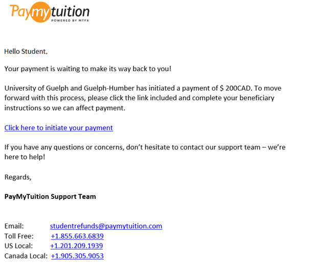 Screenshot of the international refund confirmation email from PayMyTuition