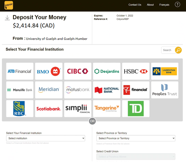Screenshot of the Interac page where the financial institution is selected