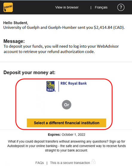 Screenshot of the email example 2 from Interac