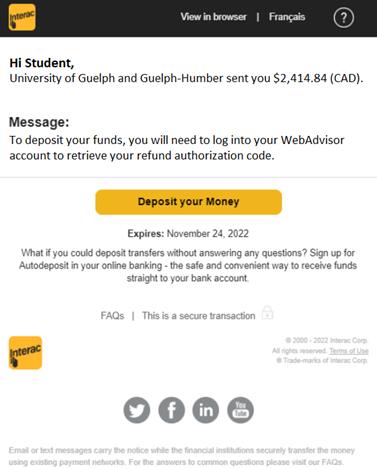 Screenshot of the email example 1 from Interac