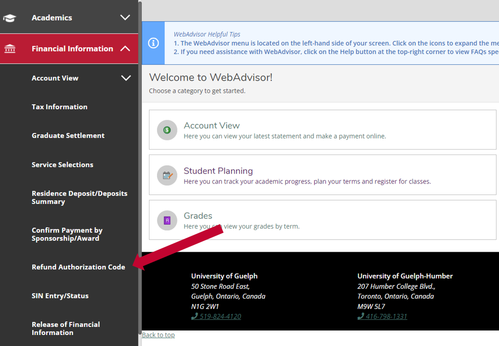 Screenshot of the WebAdvisor homepage and menu on left-hand side with an arrow pointing at the Refund Authorization Code menu item