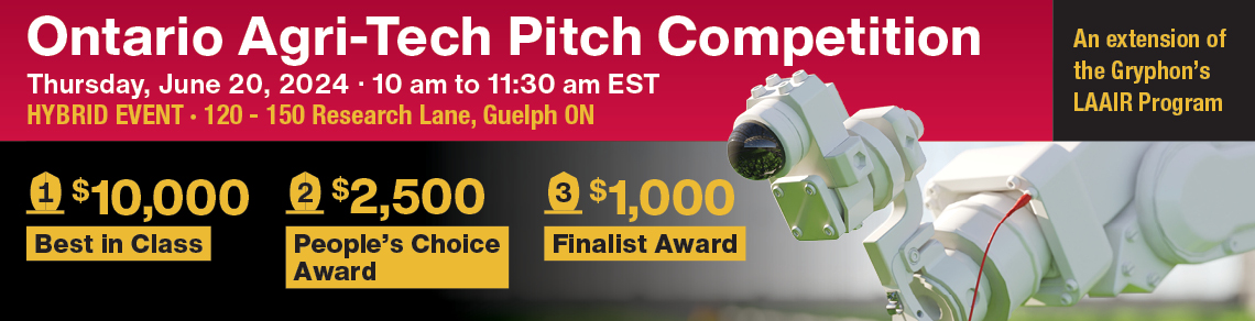  $10,000 for 'Best in Class', $2,500 for 'People's Choice Award', and $1,000 for 'Finalist Award'. To the right, there's an image of a robotic arm with a camera lens, symbolizing technology. The banner also mentions the competition as an extension of the 'Gryphon's LAAIR Program'."