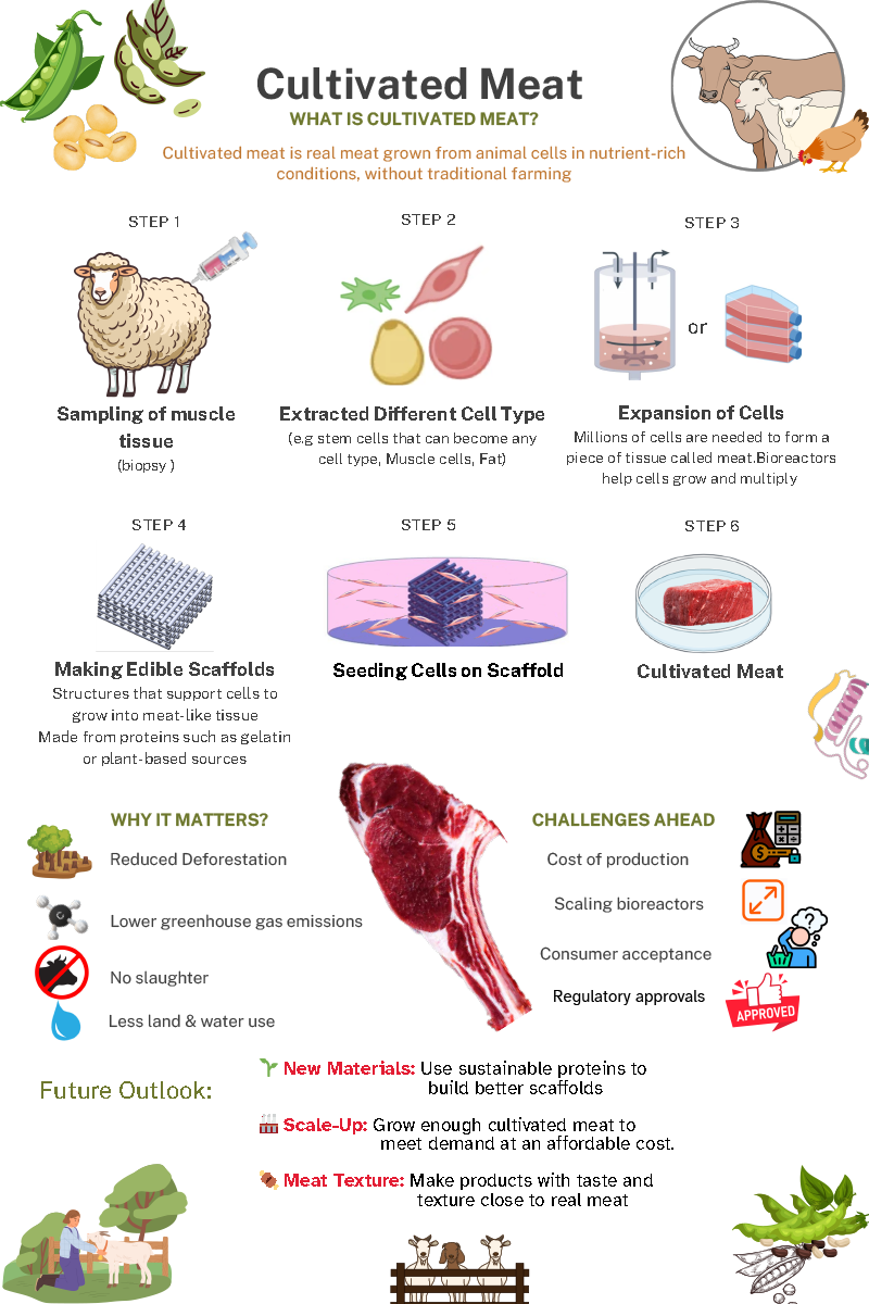 An infographic titled “Cultivated Meat” that visually explains how real meat can be grown from animal cells instead of traditional livestock. It outlines the step-by-step process from cell sampling and expansion in bioreactors to creating edible scaffolds and forming meat-like tissue. It highlights the benefits such as reduced deforestation, lower emissions, and no animal slaughter, as well as key challenges like cost, scalability, and consumer acceptance. The infographic also presents a future outlook focusing on sustainable materials, large-scale production, and improving meat texture and taste.