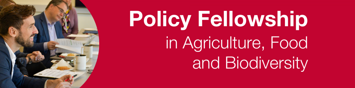 Picture of Cohort 3 Fellows besides text reading "Policy Fellowships in Agriculture, Food and Biodiverstiy"