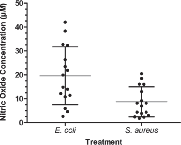 Graph mapping Nitric Oxide production by macrophages in response to in vitro treatment with either E. coli or S. aureus.