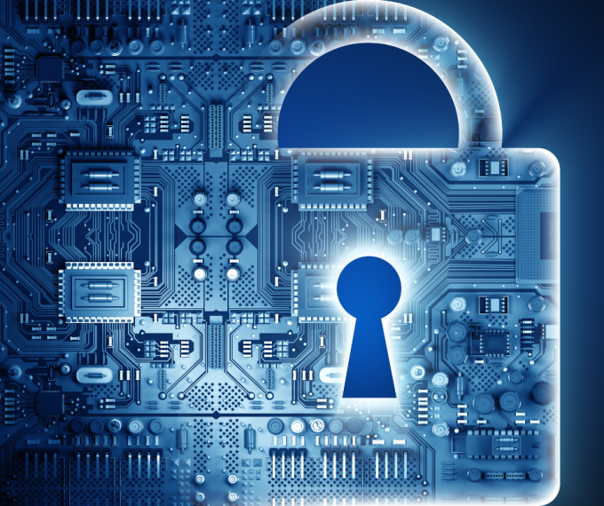 Digitized graphic of a lock within a circuit board. 