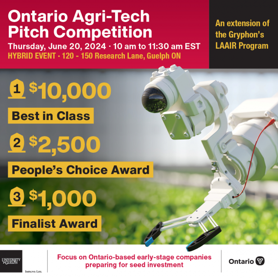Ontario Agri-Tech Pitch Competition Thursday June 20, 2024. $10000 best in class. $2500 people's choice award. $1000 finalist award. University of Guelph and Government of Ontario logos. 