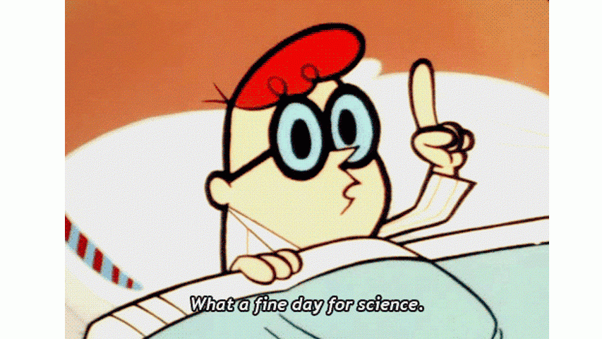 Animated Dexter laying in bed with finger raised and caption "The science never stops"