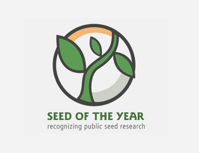 Seed of the Year logo. Recognizing public seed research. Graphic of a green plant stalk with leaves.