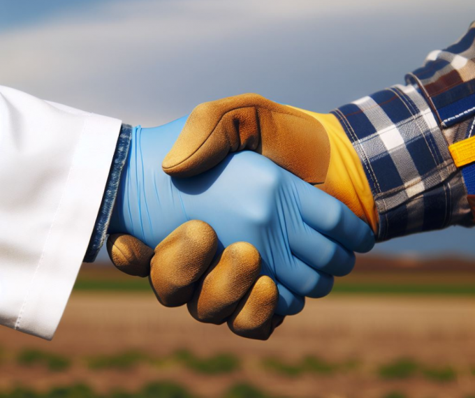 two hands shaking. One hand wearing a blue latex glove with the sleeve of a white labcoat. The other hand wearing a yellow work glove and the sleeve of a plaid shirt. The background is a field with blue sky