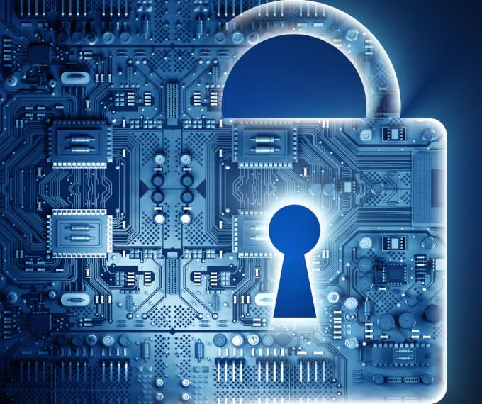 Digitized graphic of a lock within a circuit board.