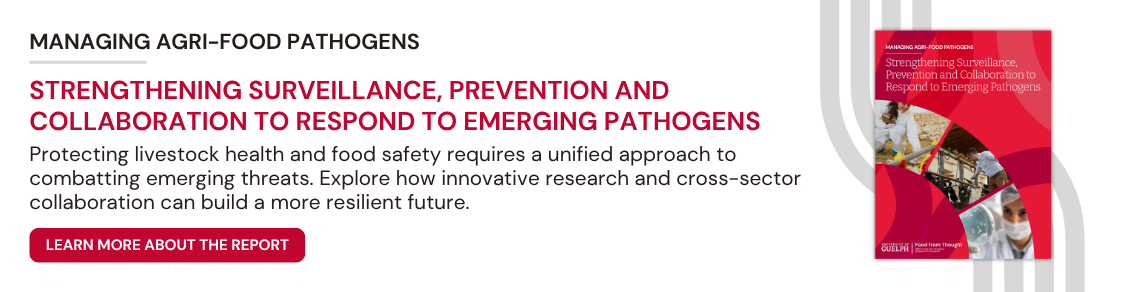 Promotional banner for a report titled 'Strengthening Surveillance, Prevention and Collaboration to Respond to Emerging Pathogens. The banner emphasizes managing agri-food pathogens to protect livestock health and food safety through unified efforts.