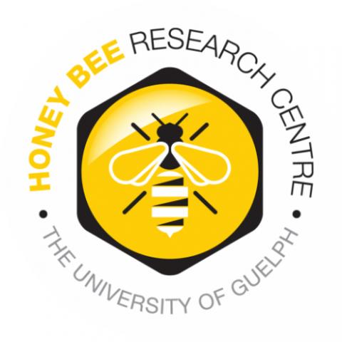 Logo for the Honey Bee Research Centre, featuring the illustration of a bee in a honeycomb cell