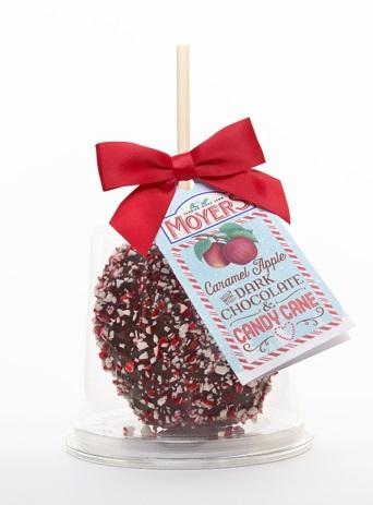 Photo of a Moyer candy apple covered in chocolate and candy cane sprinkles.