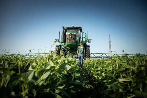 A woman walking through a field toward a tractor. 