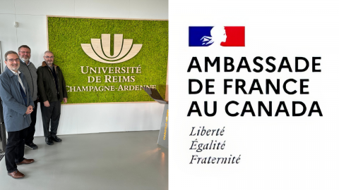 On the left, the U of G delgation standing in front of a sign for Université de Reims Champagne-Ardenne and on the right is a logo for the French Embassy in Canada