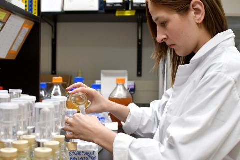 A woman in a white lab coat pouring a liquid into a test tube.